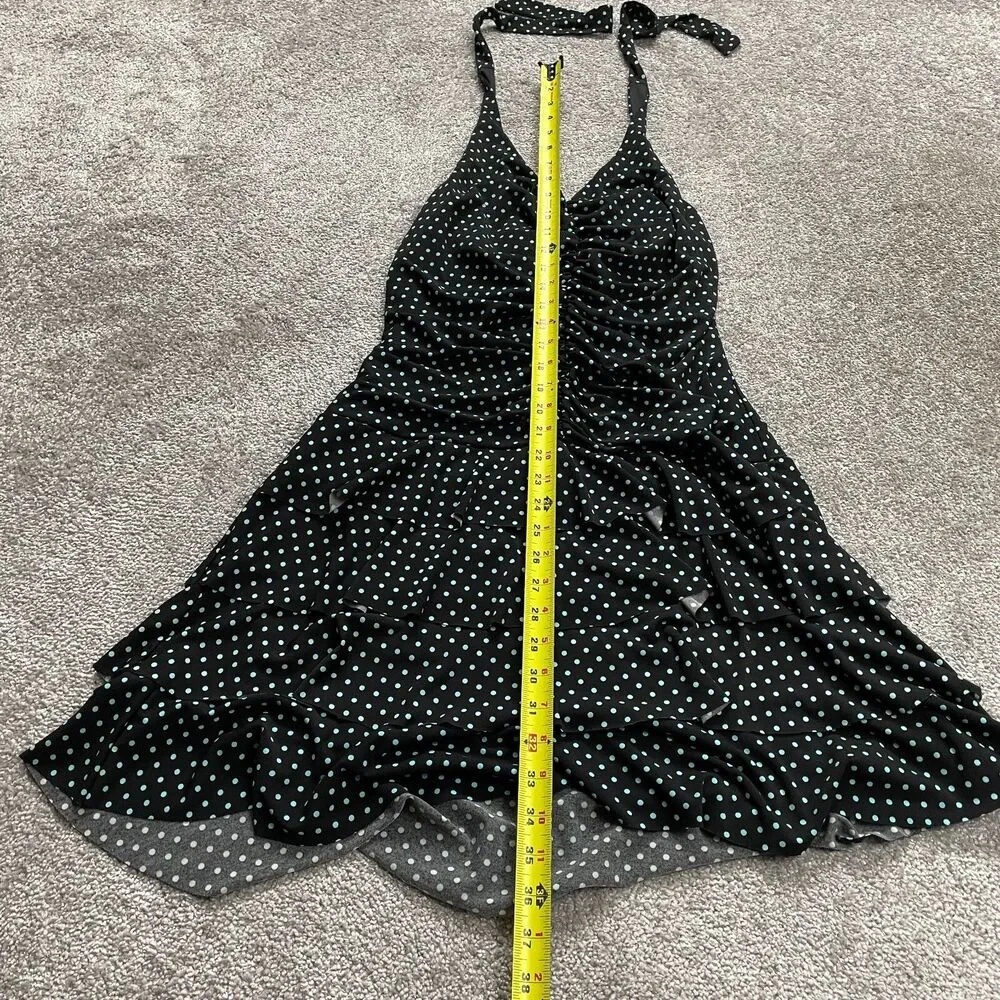 AGB Dress Womens 12 Black Polka Polyester Short Halter Backless Stretch A Line